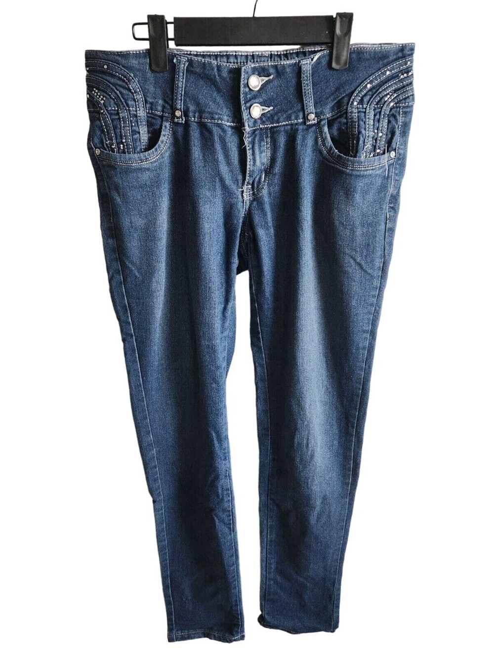 Pasion Juniors Sz 11 Dark Wash Skinny Blue Jeans Embellished Pockets